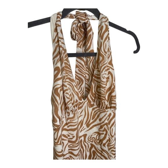 Song of Style Jude Zebra Print Halter Midi Dress Open Back Slit Tan Ivory Size S - Picture 3 of 12